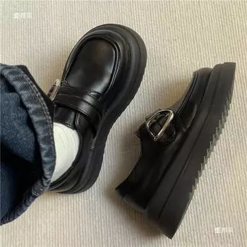 Shenlin Black Big Head Толстая подошва показывает длинные ноги Маленькие кожаные туфли Женские британские студенческие стильные милые классные мокасины 35 бежевый