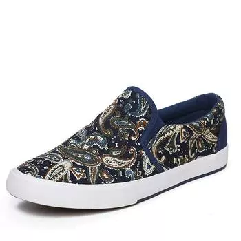 Shenxuanny Новые весенне-осенние парусиновые туфли без застежек мужские низкие, чтобы помочь дышащим плоским дном узор ткани прилив обувь 7