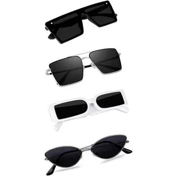 Sheomy Unisex Combo предлагает набор из 4 очков, солнцезащитные очки Square, прямоугольные, ретро, винтажные, узкие, женские::Мужчины, MC-737