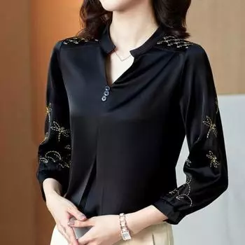 Шея Большой размер Однотонный трехцветный Ретро Атласная вышивка Пэчворк Рукав V четверти Большой размер Коммутационный стиль XL зелёный