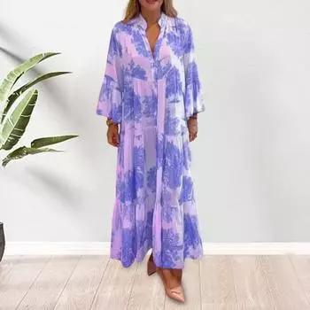 Шея, длинные рукава с рогами, богемный стиль, свободное трапециевидное платье на пуговицах с принтом, плиссированное лоскутное платье с большим подолом, повседневная одежда, отпускное платье M розовый