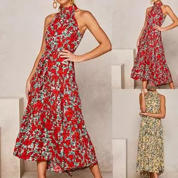 Шея Шею Высокая талия Длинное платье с цветочным принтом Сексуальное кружевное платье M красный