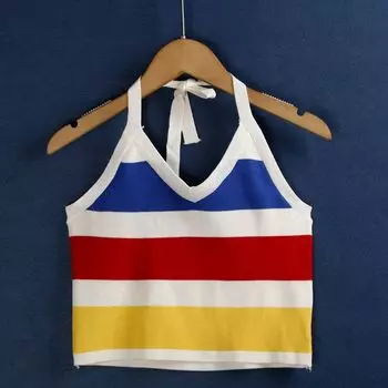 Шея V-образный вырез Пуловер Широкая полоска Приталенный Жилет Color stripe S