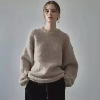 Шерсть альпака осень/зима свободный круглый вырез с заниженной линией плеча однотонный вязаный свитер One Size древесный уголь/серый