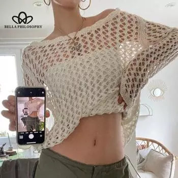 Шерстяная блузка с большим круглым вырезом, женская новая верхняя одежда в американском стиле, однотонный свободный топ с длинными рукавами в сетку S белый