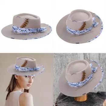 Шерстяная кепка с широкими полями Панама Шляпа фокусника Ковбойская кепка Головной убор для выступлений на сцене Маскарадная шляпа-федора Головной убор бежевый