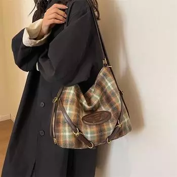 Шерстяная клетчатая большая сумка Женская многофункциональная сумка через плечо