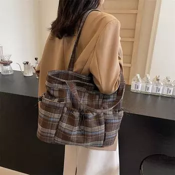Шерстяная клетчатая большая сумка женская модная большая сумка через плечо для отдыха и учебы сумка-тоут красный