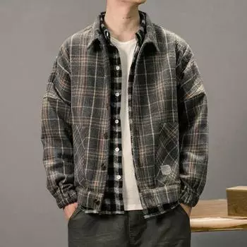 Шерстяная клетчатая куртка, осенняя японская мужская повседневная модная свободная куртка на пуговицах, повседневная простая винтажная уличная куртка M серый