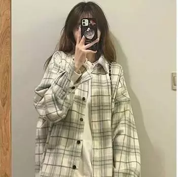 Шерстяная клетчатая рубашка в стиле ретро, женская большая рубашка с длинными рукавами