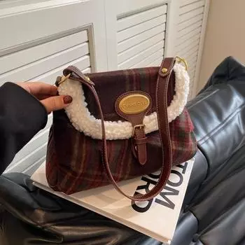 Шерстяная клетчатая сумка подмышками, новинка 2024 года, модная осенне-зимняя плюшевая сумка в стиле ретро, нишевая сумка через плечо на одно плечо