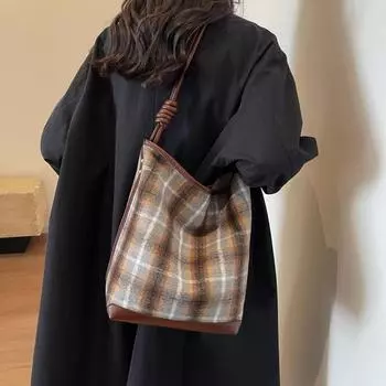 Шерстяная клетчатая сумка, женская сумка-ведро в клетку, портативная сумка через плечо большой емкости