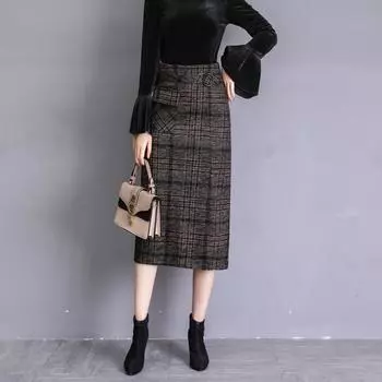 Шерстяная клетчатая юбка женская 2024 ранняя весна новая высокая талия и тонкая юбка с запахом на бедрах с разрезом вилка средняя и длинная юбка для детей S