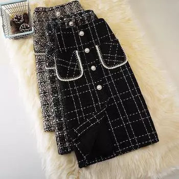 Шерстяная клетчатая юбка, женская осенняя новая юбка средней длины с высокой талией и карманами, разделенная юбка средней длины, корейская зимняя одношаговая юбка больших размеров S хаки