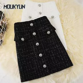 Шерстяная клетчатая юбка женская с высокой талией средней длины офисные юбки S чёрный