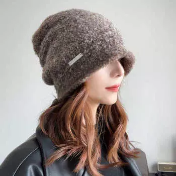 Шерстяная круглая шапка для осени и зимы, шерстяная шапка с большой окружностью головы, универсальная, повседневная, холодная, с постепенным изменением, для защиты ушей, теплая вязаная шапка M55-59cm