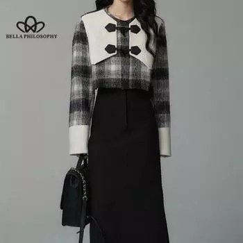 Шерстяная куртка для поездок на работу, французская юбка с высокой талией, винтажный костюм, повседневный костюм, женское пальто высокого качества S