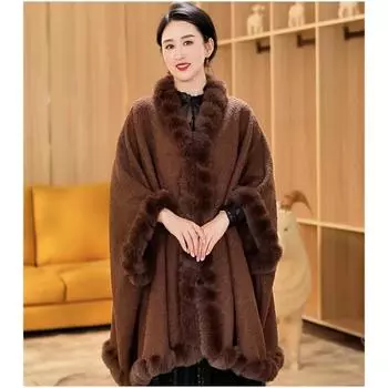 Шерстяная куртка, плюшевый и утолщенный меховой воротник для сохранения тепла, свободный плащ большого размера, шаль, внешний чехол 0018 One size тёмно-синий