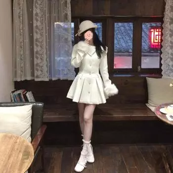 Шерстяная куртка с тысячей золотых бантов на талии, темпераментное платье для женщин, осень-зима 2024, новое платье на день рождения Xiaoxiangfeng S белый