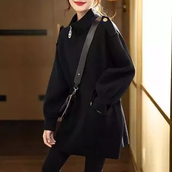 Шерстяная куртка женская осень и зима 2024 новое однотонное пальто с воротником-стойкой на шнурке, маленькое, среднее и длинное шерстяное пальто S коричневый