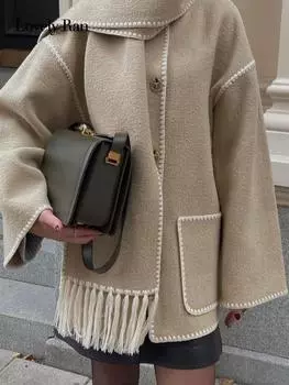 Шерстяная куртка женская осенняя лоскутная шарф с кисточками однобортное пальто с карманами повседневная мода свободный топ с длинным рукавом уличная одежда XL белый