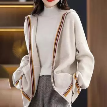 Шерстяная куртка женская с капюшоном повседневный кардиган с длинными рукавами осенняя свободная мягкая трикотажная однотонная куртка на молнии XL белый