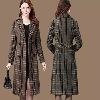 Шерстяная куртка женская средней и длинной длины на осень и зиму, новая, длинная, до колена, утолщенная, теплая, клетчатое шерстяное пальто с рисунком «тысяча птиц» M suggestion 85-52.5kg