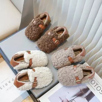 Шерстяная обувь для девочек, осень и зима, новые теплые хлопковые туфли для мальчиков из кашемира, детская повседневная обувь с мягкой подошвой, детская обувь 23 бежевый