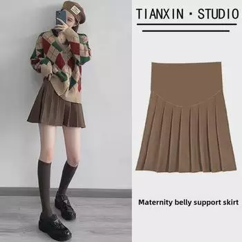 Шерстяная плиссированная юбка А-силуэта с высокой талией для беременных на осень/зиму L чёрный