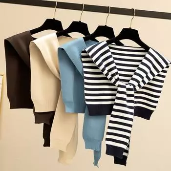 Шерстяная полосатая вязаная внешняя шаль женская летняя мода высокого класса в иностранном стиле с рубашечным воротником на плече 100cm небесно-голубой