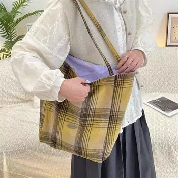 Шерстяная ретро-сумка через плечо в клетку, клетчатая сумка через плечо из холста, большая вместительная двухсторонняя сумка для поездок на работу жёлтый
