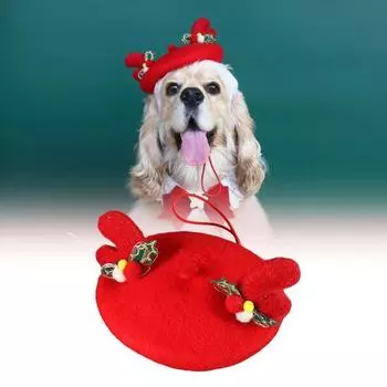 Шерстяная шапка-берет для питомца Рождественская красная шапка для кошки с бантом и рогами, теплый зимний праздничный костюм для повседневного переодевания, фотосъемки на открытом воздухе, путешествий красный