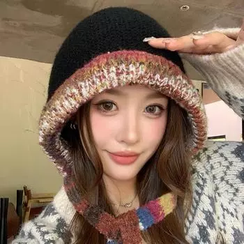 Шерстяная шапка-бини, простая, утепленная, классическая, вязаная шапка, зимняя, теплая, эластичная, для женщин One size чёрный