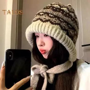 Шерстяная шапка Геометрическая вязаная шапка Головной убор для улицы Регулируемая шнуровка Дизайн шляпа Защита ушей Кепка для фотосъемки Дни рождения Вечеринки Кепка для улицы темно-коричневого