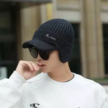 Шерстяная шапка мужская пуловерная шапка теплая утолщенная вязаная бейсболка с язычком из гуся, флисовая мужская one size fits all тёмно-синий