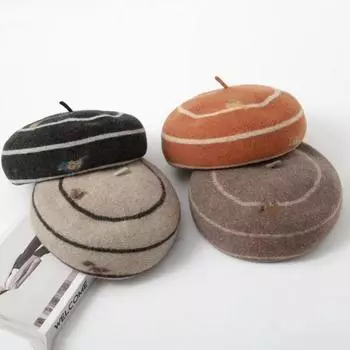 Шерстяная шапка с контрастными линиями, винтажный художественный берет, шляпа художника, шляпа бортпроводника