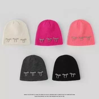 Шерстяная шапка с жемчужным бантом, шапки-бини с бантом, симпатичная вязаная шапка, осень бежевый