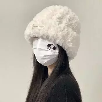 Шерстяная шапка Сезонная женская универсальная вязаная сумка-голова показывает маленькое лицо и сохраняет тепло, белая плюшевая плюшевая холодная шапка Большая окружность головы