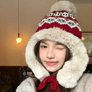 Шерстяная шапка вязаная осенне-зимняя теплая шапка с начесом утолщенные защитные наушники показать маленькое лицо one size белый