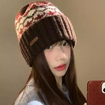 Шерстяная шапка женская осень и зима 2024 новый ретро угловой знак теплая универсальная защитная шапка для ушей вязаная шапка рождественская атмосфера M56-58cm