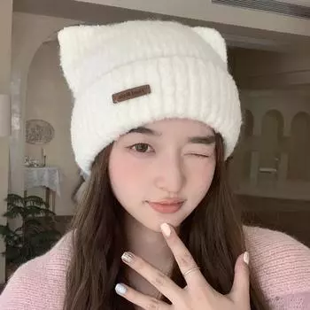 Шерстяная шапка, женская, осень-зима, кошачьи ушки (Хлеб в форме кошачьих ушей, приготовленный на пару) Вязаная шапка, закрученный край, утолщенный терморукав, шапка на голову, холодная шапка чёрный