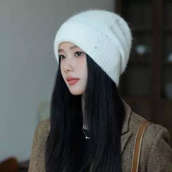 Шерстяная шапка женская осенне-зимняя большая окружность головы из кроличьей шерсти вязаная шапка утолщенная теплая ромбовидная полосатая защита ушей головной убор шапка M (56-58cm) rhinestone side vertical row