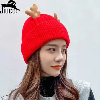 Шерстяная шапка женская осенне-зимняя двухслойная бархатная вязаная шапка из рогов оленя студенческая милая универсальная защита ушей теплая шапка прилив M56-58cm оранжевый