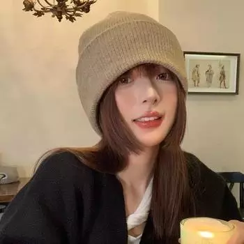 Шерстяная шапка женская осенне-зимняя однотонная вязаная шапка с большой окружностью головы зимняя новая утолщенная теплая защита ушей маленькая холодная шапка M56-58cm