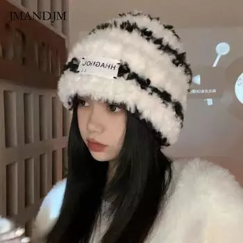 Шерстяная шапка женская осенне-зимняя, пуловер, мешок на голову, холодная шапка, плюшевая холодная шапка, большая окружность головы, маленькое лицо, теплая вязаная шапка One Size