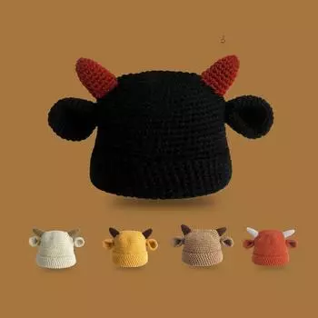 Шерстяная шапка женская осенне-зимняя универсальная милая защита ушей для студентов корейская зимняя вязаная роговая холодная шапка прилив M56-58cm жёлтый