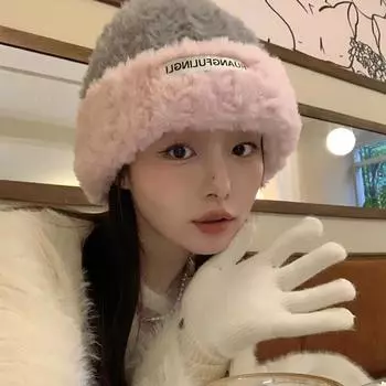 Шерстяная шапка женская осенне-зимняя универсальная вязаная сумка на голову показывает маленькое лицо, теплые уши, загнутые края, пушистая холодная шапка, большая окружность головы Average size (55-59cm)