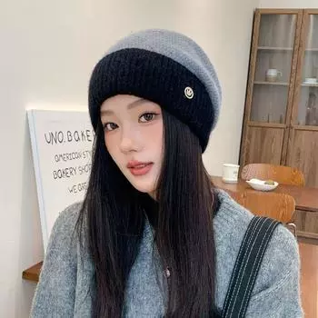 Шерстяная шапка женская зимняя большая окружность головы теплая двухцветная вязаная шапка милое повседневное личико маленькая подходящая по цвету куча пуловер шапка M (56-58cm) Side smile emoji mark