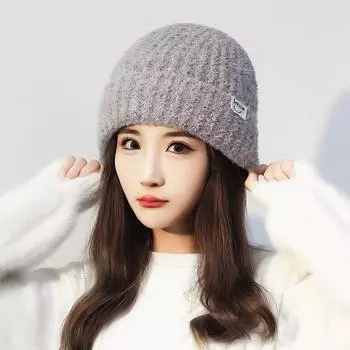 Шерстяная шапка женская зимняя милая теплая вязаная шапка с изображением смайлика однотонная большая шапка чёрный