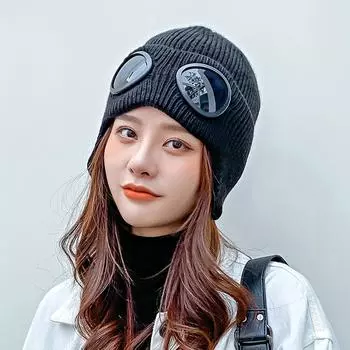 Шерстяная шапка женская зимняя приливная пилотская шапка для очков версия утолщенная вязаная шапка модная теплая лыжная шапка M56-58cm белый